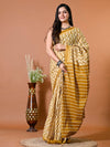 Mustard Yellow Chevron/Zig Zag Bagru Printed Pure Cotton Saree - SHKM1014