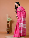 Fuscia Pink Block Bagru Printed Pure Cotton Saree - SHKM1015