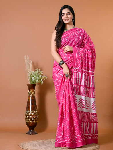 Fuscia Pink Block Bagru Printed Pure Cotton Saree - SHKM1015