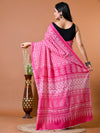 Fuscia Pink Chevron/Zig Zag Bagru Printed Pure Cotton Saree - SHKM1016