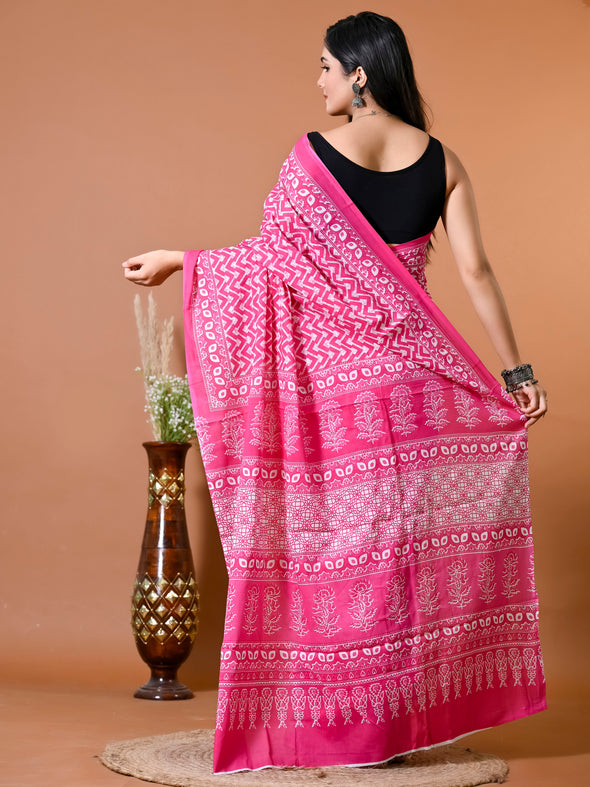 Fuscia Pink Chevron/Zig Zag Bagru Printed Pure Cotton Saree - SHKM1016