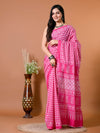 Fuscia Pink Chevron/Zig Zag Bagru Printed Pure Cotton Saree - SHKM1016