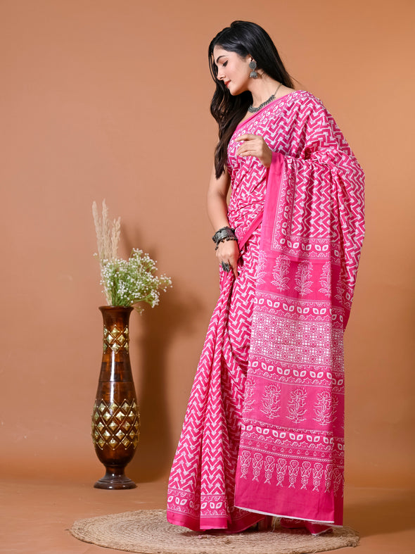 Fuscia Pink Chevron/Zig Zag Bagru Printed Pure Cotton Saree - SHKM1016