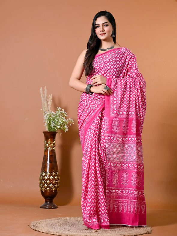 Fuscia Pink Chevron/Zig Zag Bagru Printed Pure Cotton Saree - SHKM1016