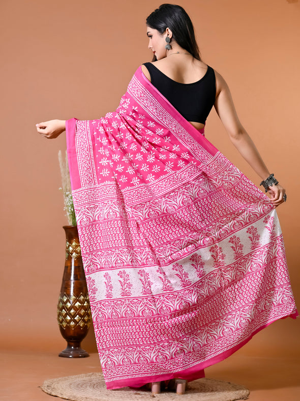 Fuscia Pink Ethnic Motifs Bagru Printed Pure Cotton Saree - SHKM1017