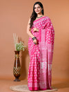 Fuscia Pink Ethnic Motifs Bagru Printed Pure Cotton Saree - SHKM1017