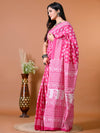 Fuscia Pink Ethnic Motifs Bagru Printed Pure Cotton Saree - SHKM1017