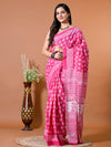 Fuscia Pink Ethnic Motifs Bagru Printed Pure Cotton Saree - SHKM1017