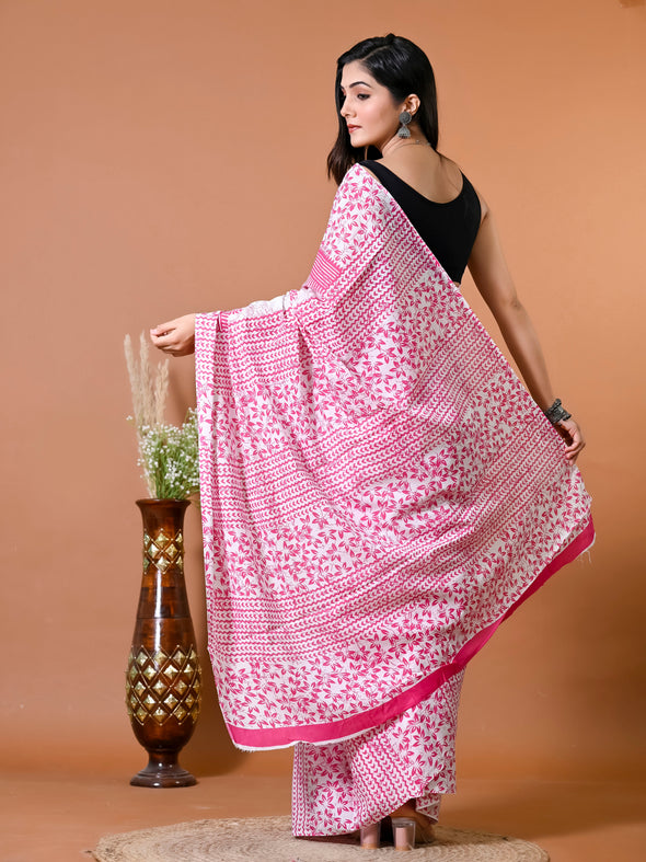 Taffy Pink Block Bagru Printed Pure Cotton Saree - SHKM1018