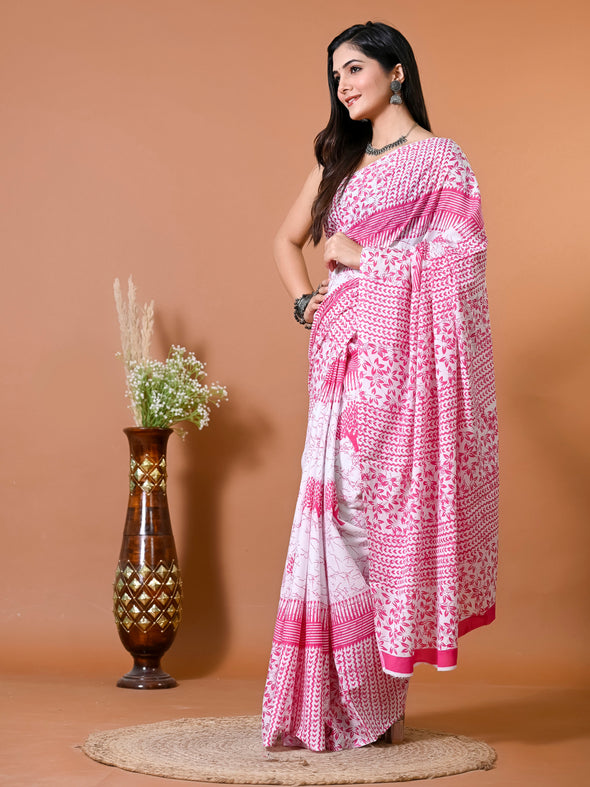 Taffy Pink Block Bagru Printed Pure Cotton Saree - SHKM1018