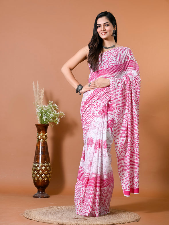 Taffy Pink Block Bagru Printed Pure Cotton Saree - SHKM1018