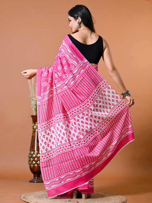 Fuscia Pink Block Bagru Printed Pure Cotton Saree - SHKM1019