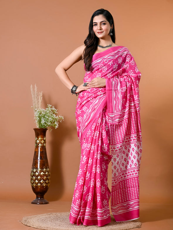 Fuscia Pink Block Bagru Printed Pure Cotton Saree - SHKM1019