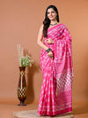 Fuscia Pink Block Bagru Printed Pure Cotton Saree - SHKM1019