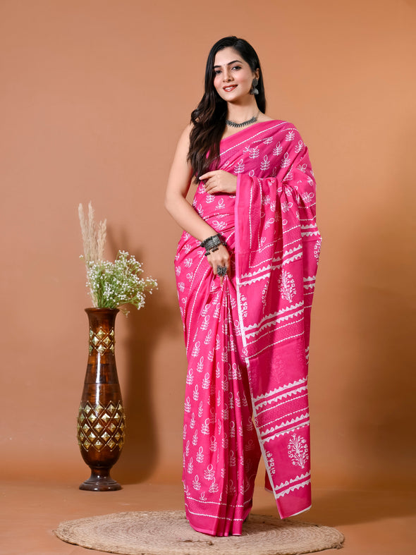 Hot Pink Floral Bagru Printed Pure Cotton Saree - SHKM1020