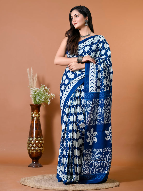 Azure Blue Abstract Bagru Printed Pure Cotton Saree - SHKM1021