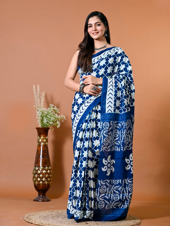 Azure Blue Abstract Bagru Printed Pure Cotton Saree - SHKM1021