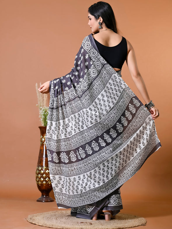 Porpoise Gray Block Bagru Printed Pure Cotton Saree - SHKM1023