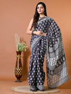 Porpoise Gray Block Bagru Printed Pure Cotton Saree - SHKM1023