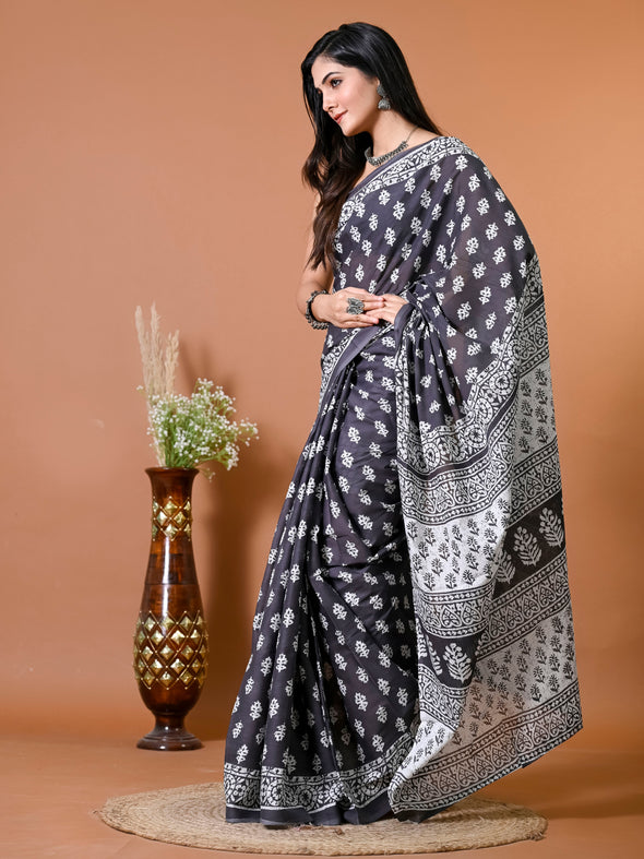 Porpoise Gray Block Bagru Printed Pure Cotton Saree - SHKM1023