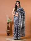 Porpoise Gray Block Bagru Printed Pure Cotton Saree - SHKM1023