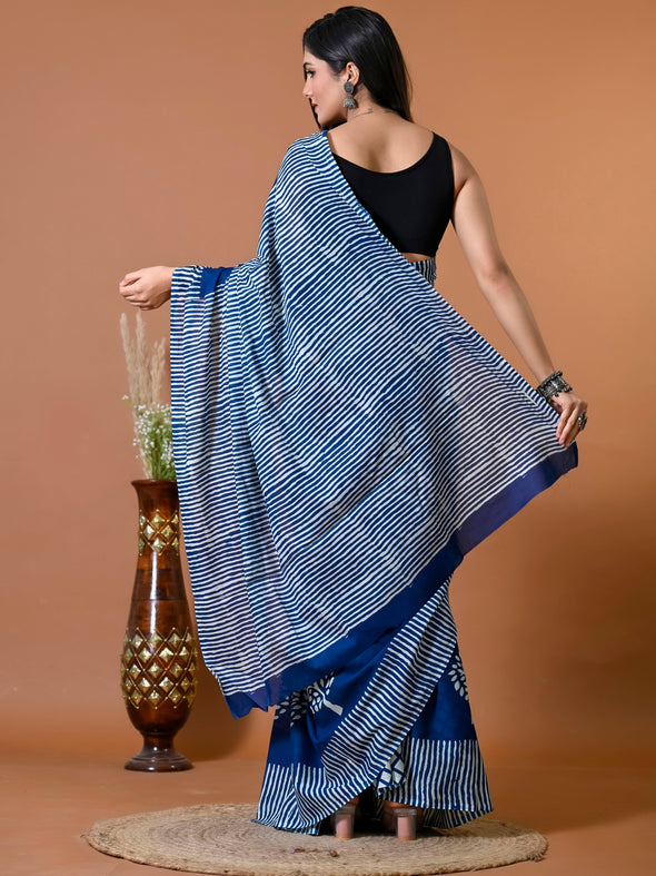 Admiral Blue Block Bagru Printed Pure Cotton Saree - SHKM1024