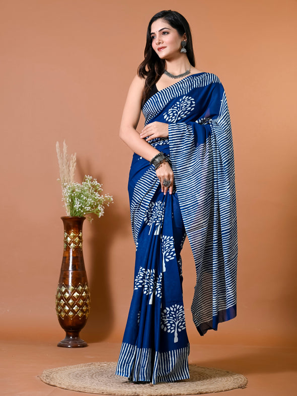 Admiral Blue Block Bagru Printed Pure Cotton Saree - SHKM1024