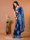 Admiral Blue Block Bagru Printed Pure Cotton Saree - SHKM1024