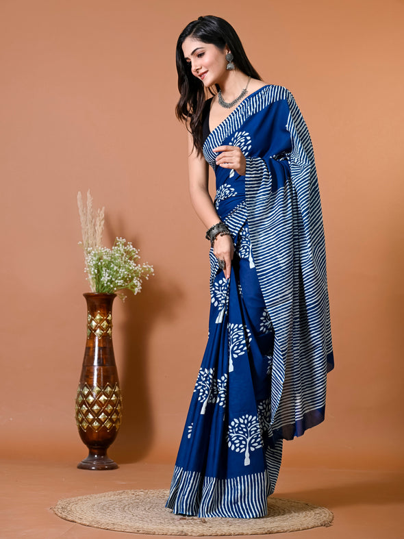 Admiral Blue Block Bagru Printed Pure Cotton Saree - SHKM1024