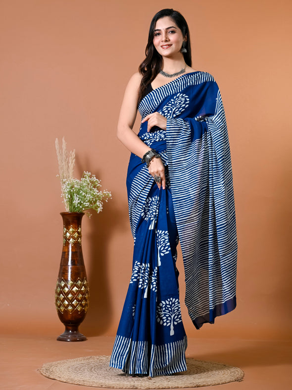 Admiral Blue Block Bagru Printed Pure Cotton Saree - SHKM1024