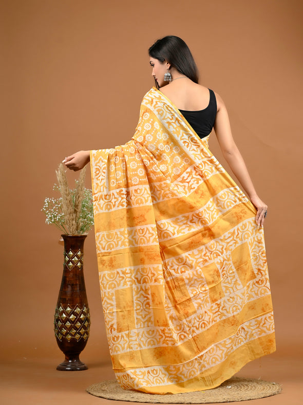 Orange Floral Bagru Printed Pure Cotton Saree - SHKM1030