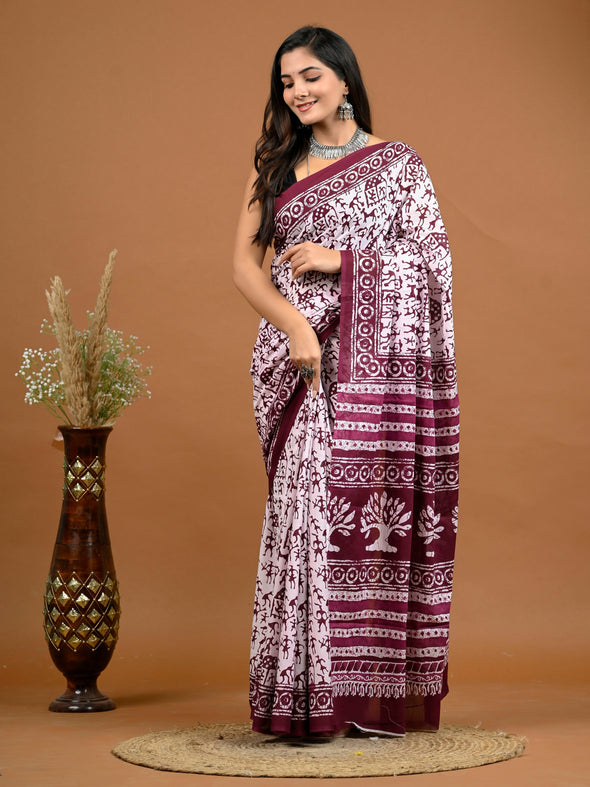 Mulberry Tribal Bagru Printed Pure Cotton Saree - SHKM1032