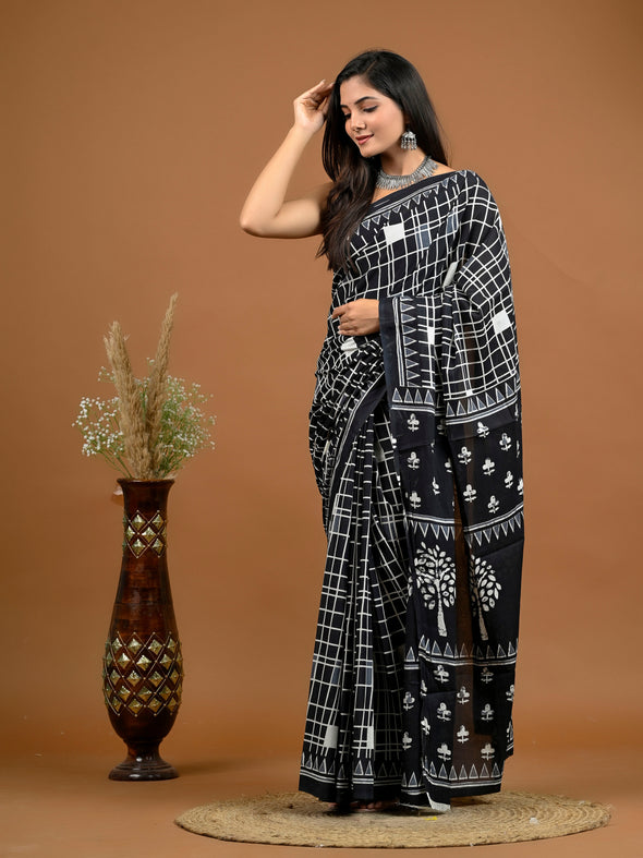 Black Checkered Bagru Printed Pure Cotton Saree - SHKM1033