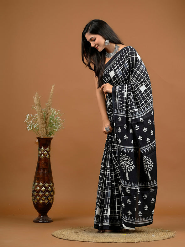 Black Checkered Bagru Printed Pure Cotton Saree - SHKM1033