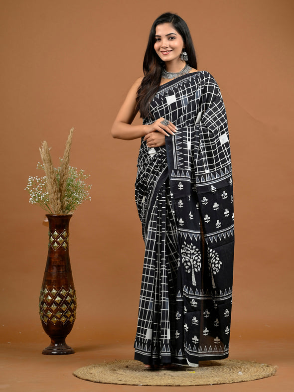 Black Checkered Bagru Printed Pure Cotton Saree - SHKM1033