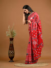 Red Checkered Bagru Printed Pure Cotton Saree - SHKM1035