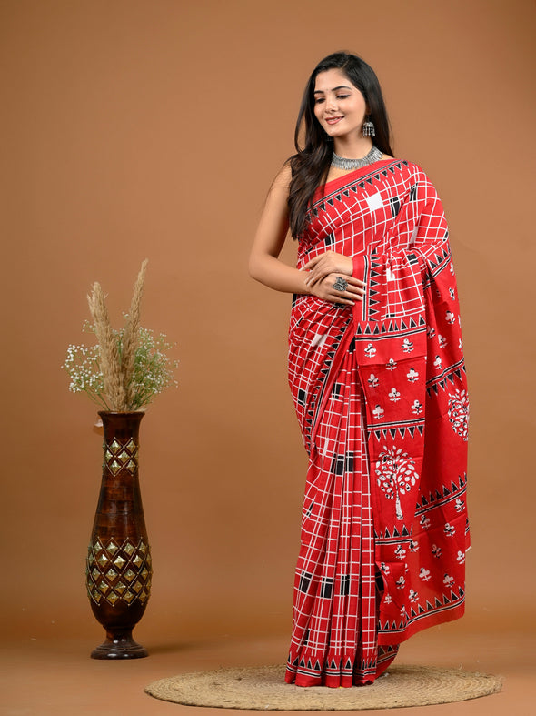 Red Checkered Bagru Printed Pure Cotton Saree - SHKM1035