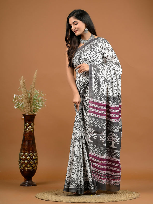 Grey Tribal Bagru Printed Pure Cotton Saree - SHKM1037