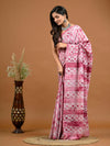 Rough Pink Ethnic Motifs Bagru Printed Pure Cotton Saree - SHKM1039