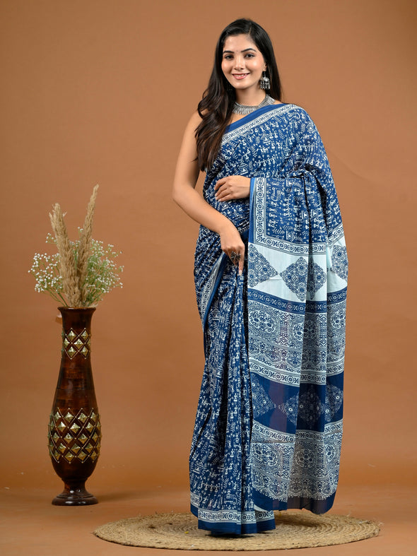 Indigo Blue Tribal Bagru Printed Pure Cotton Saree - SHKM1040