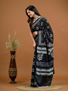 Black Floral Bagru Printed Pure Cotton Saree - SHKM1041