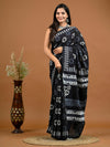 Black Floral Bagru Printed Pure Cotton Saree - SHKM1041