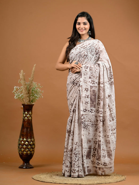 Light Fawn Abstract Bagru Printed Pure Cotton Saree - SHKM1044