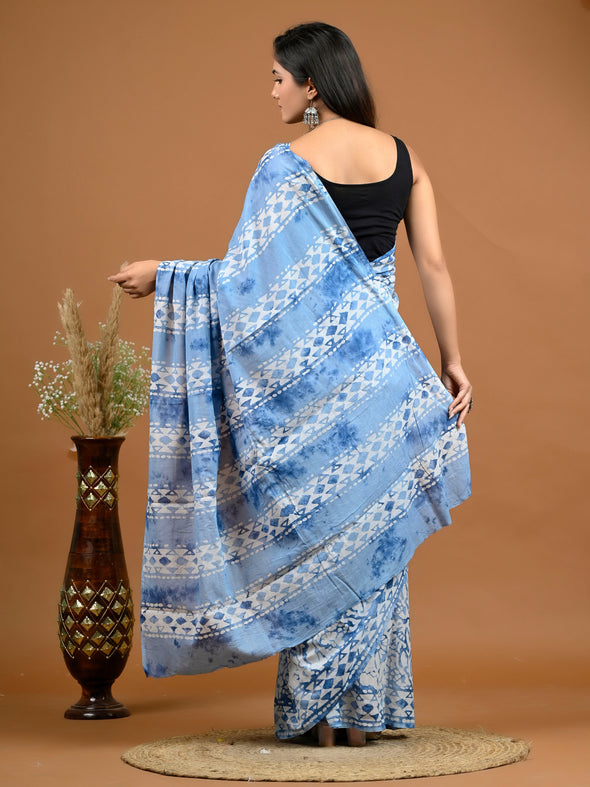 Sky Blue Abstract Bagru Printed Pure Cotton Saree - SHKM1047