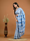 Sky Blue Abstract Bagru Printed Pure Cotton Saree - SHKM1047