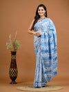 Sky Blue Abstract Bagru Printed Pure Cotton Saree - SHKM1047