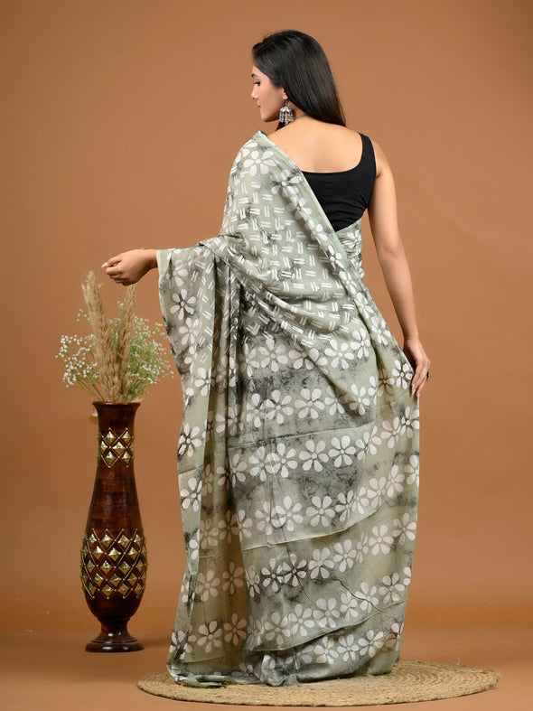 Pistachio Abstract Bagru Printed Pure Cotton Saree - SHKM1048