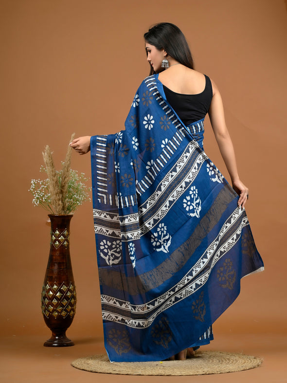 Blue Abstract Bagru Printed Pure Cotton Saree - SHKM1049