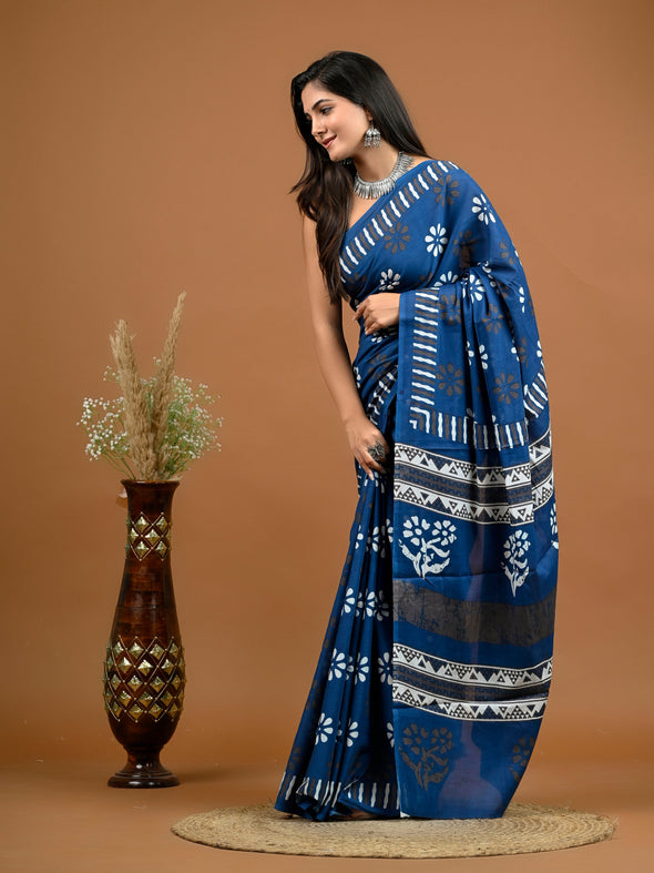 Blue Abstract Bagru Printed Pure Cotton Saree - SHKM1049