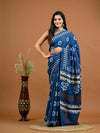 Blue Abstract Bagru Printed Pure Cotton Saree - SHKM1049